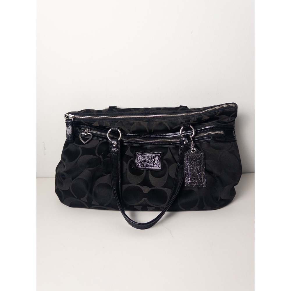 Coach Poppy Signature Sateen Black Large Glam Tote Shoulder Bag F20026 Silver HW